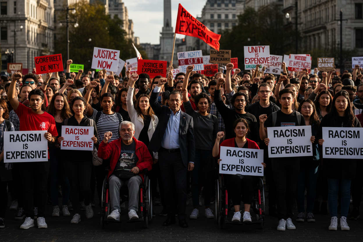 Diverse peaceful protest with Racism Is Expensive signs - representing collective action, solidarity, and social change movements across multiple communities