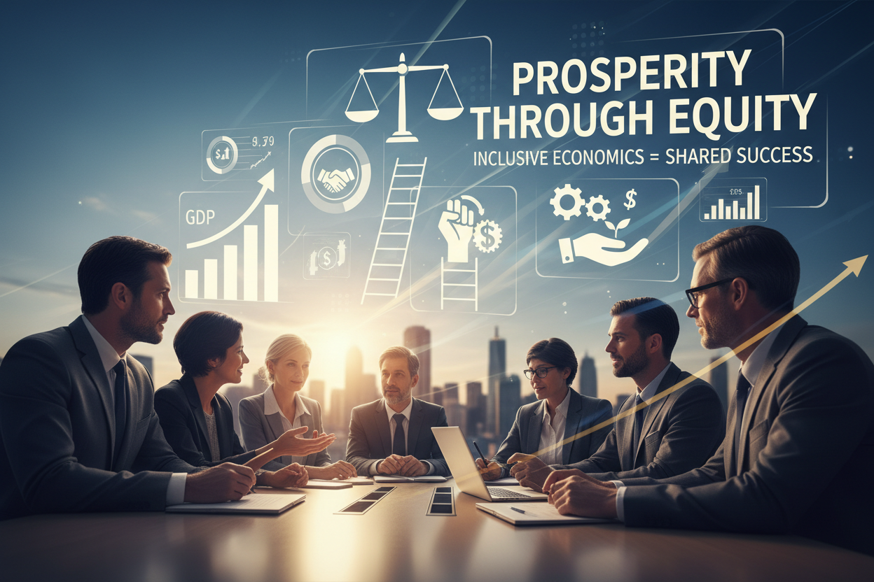 Diverse business professionals collaborating with economic data visualizations, representing the intersection of equity, prosperity, and evidence-based economic policy