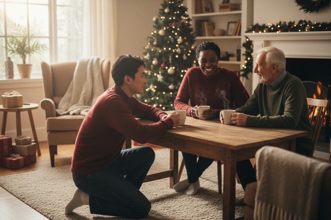 People sharing a warm moment of connection over coffee during the holidays, representing companionship and togetherness