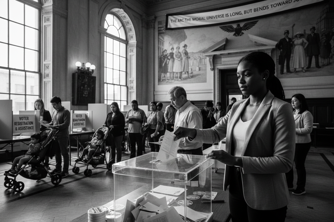 Diverse people exercising their right to vote at polling places, representing voting rights and democratic participation