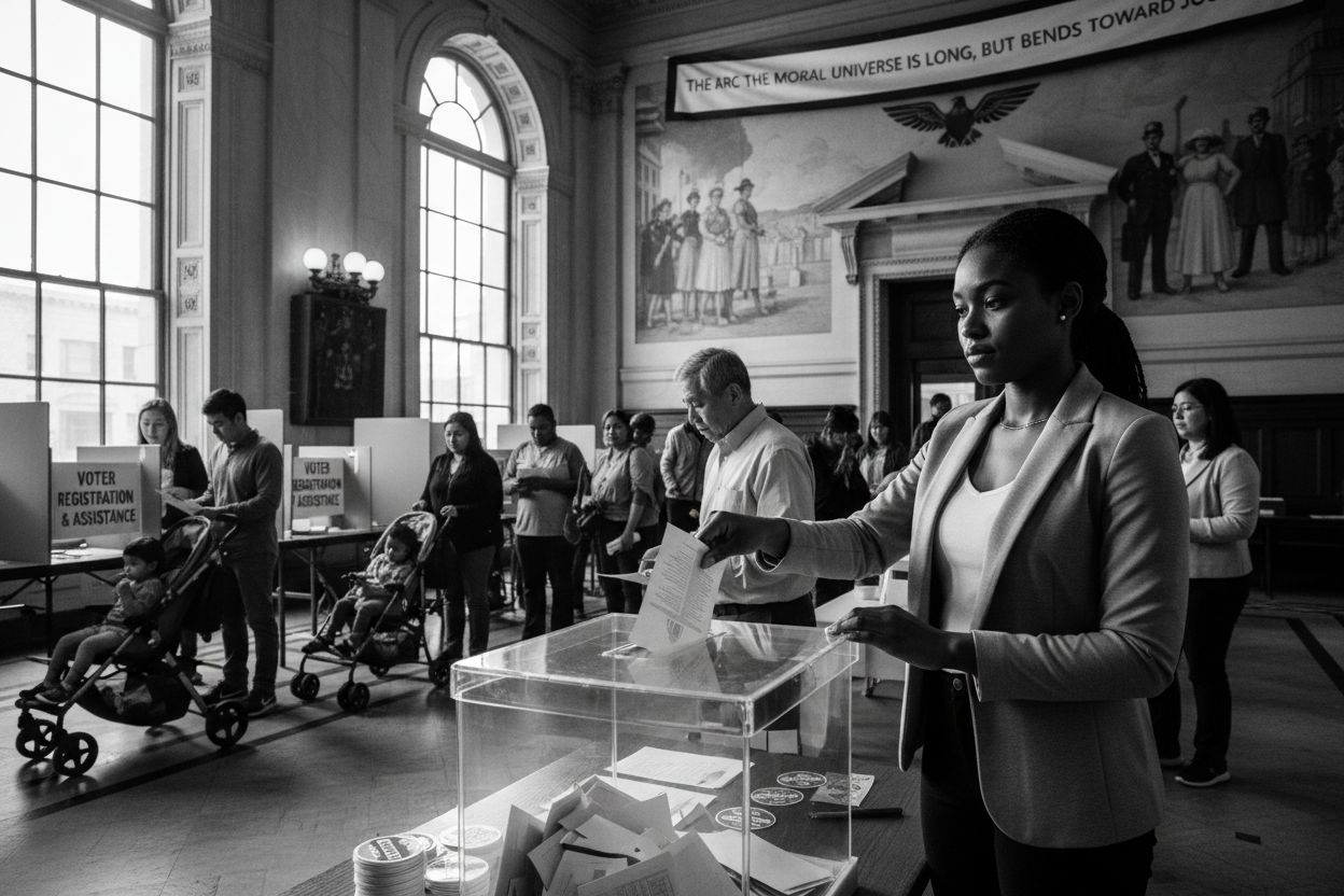 Diverse people exercising their right to vote at polling places, representing voting rights and democratic participation