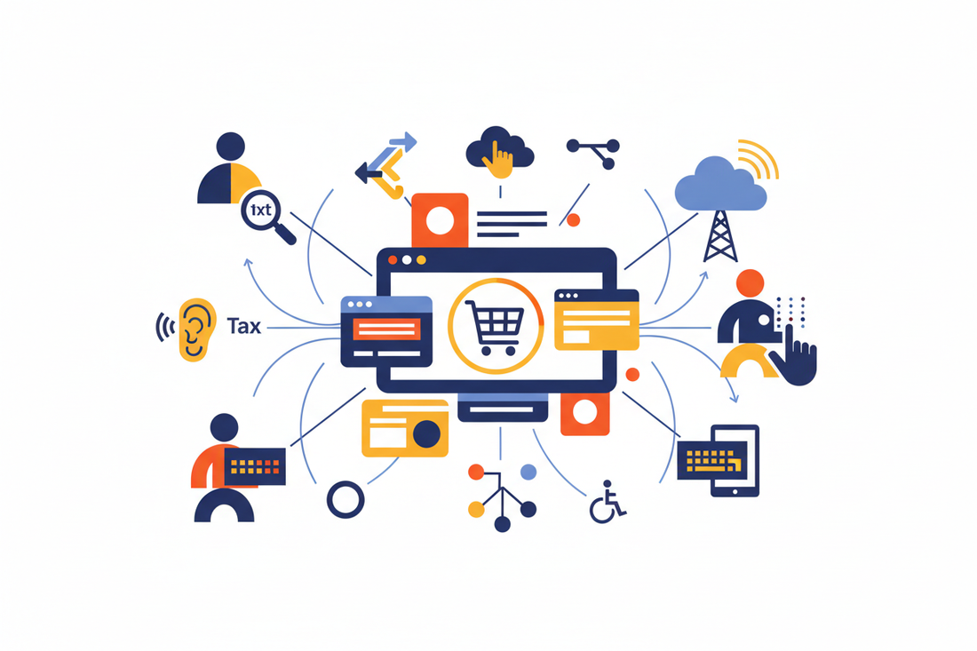 Digital accessibility and inclusive design illustration showing diverse users accessing e-commerce through assistive technologies
