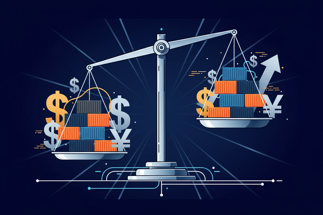 Global trade and economic equity illustration showing shipping containers, currency symbols, and balance scales