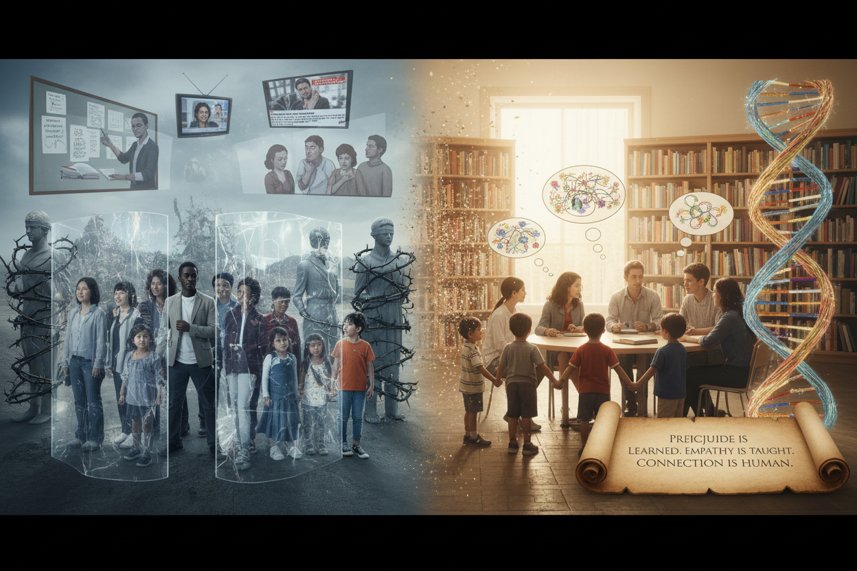 Conceptual image representing the psychology and social factors behind prejudice and racism, showing learned behavior and the potential for change