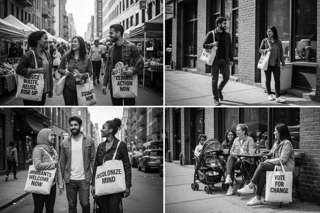 Community activists with tote bags