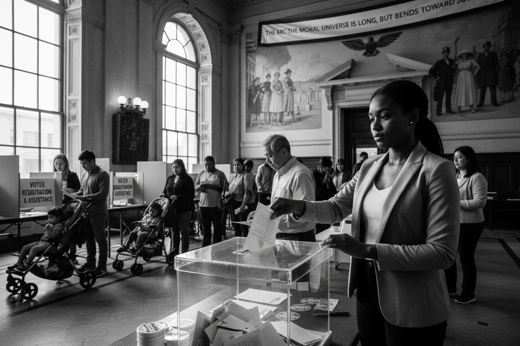 Diverse people exercising their right to vote at polling places, representing voting rights and democratic participation