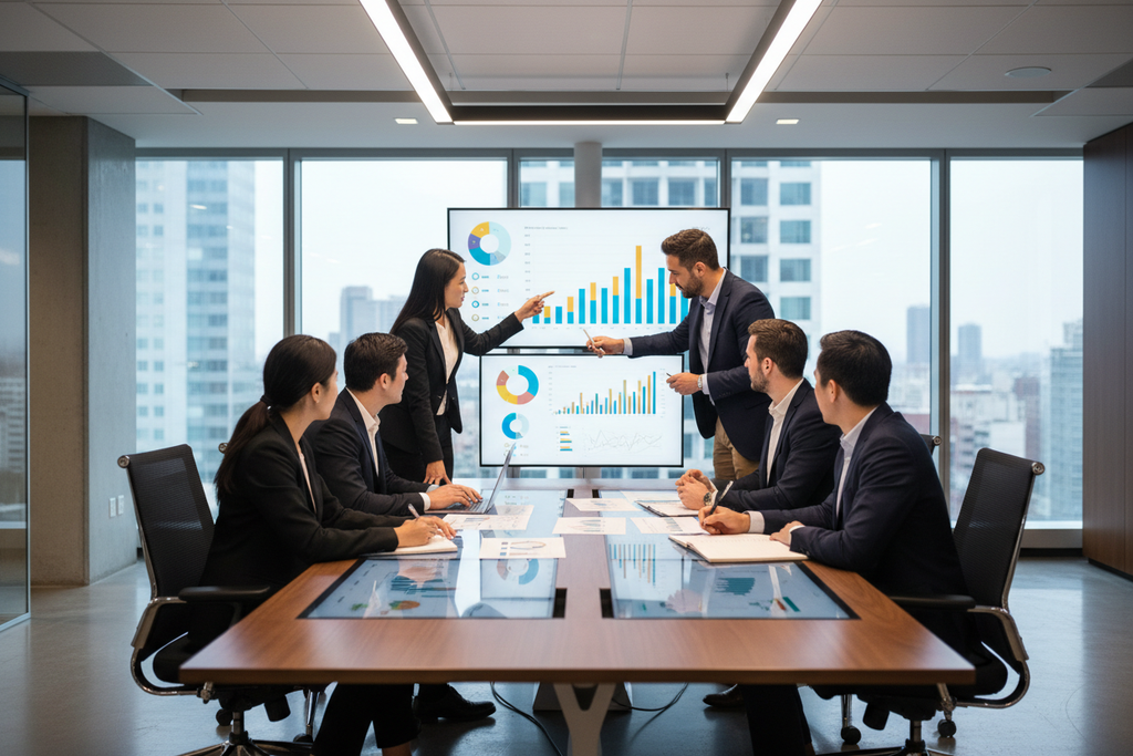 Diverse workplace collaboration showing professional team reviewing productivity data and business metrics