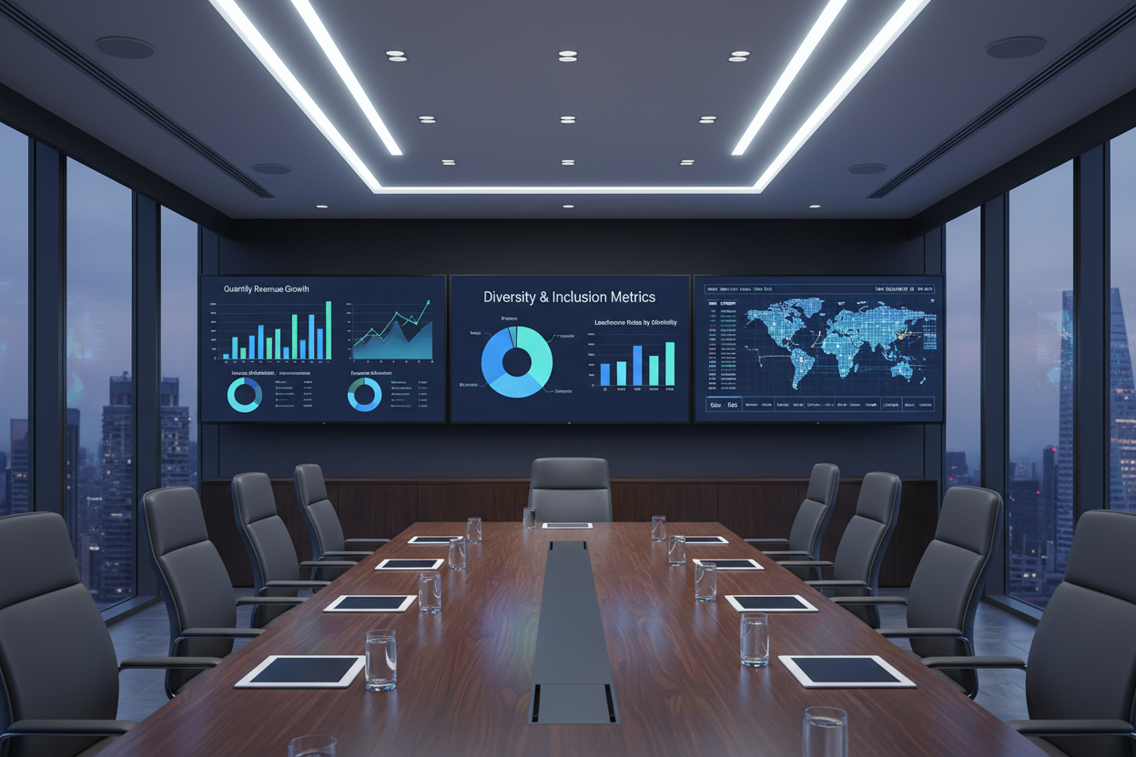 Corporate boardroom with diversity and financial performance analytics displayed on screens