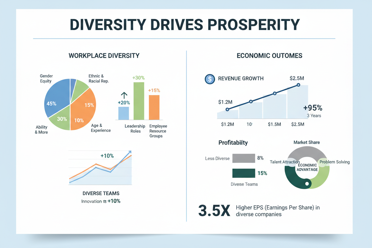 Data visualization showing workplace diversity metrics and economic outcomes