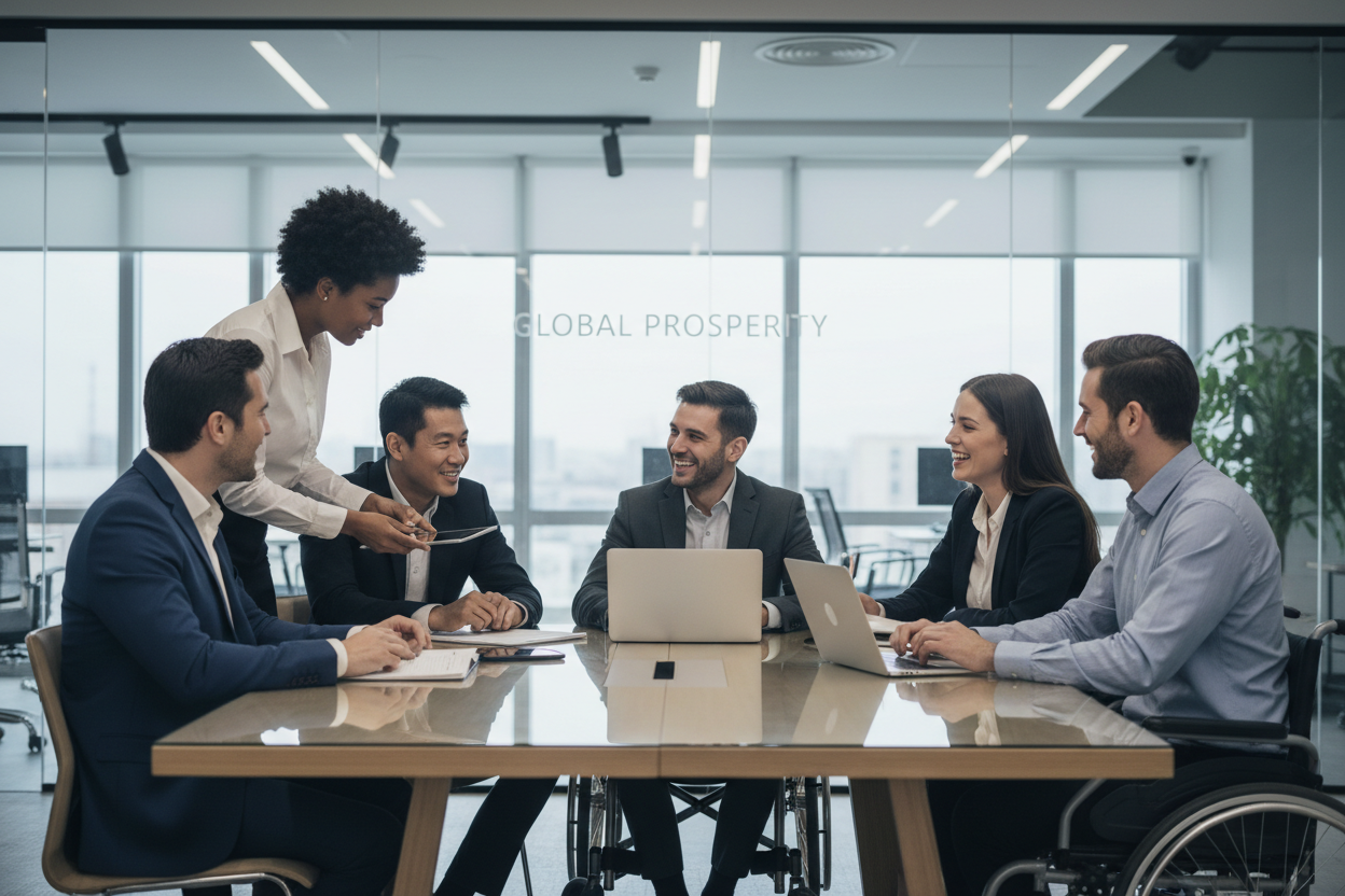 Diverse workplace team collaboration representing economic impact of inclusive business practices