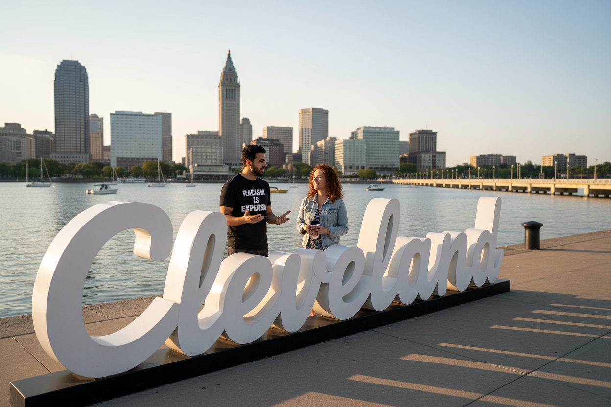 Two people behind Cleveland sign at waterfront, one wearing Racism Is Expensive t-shirt